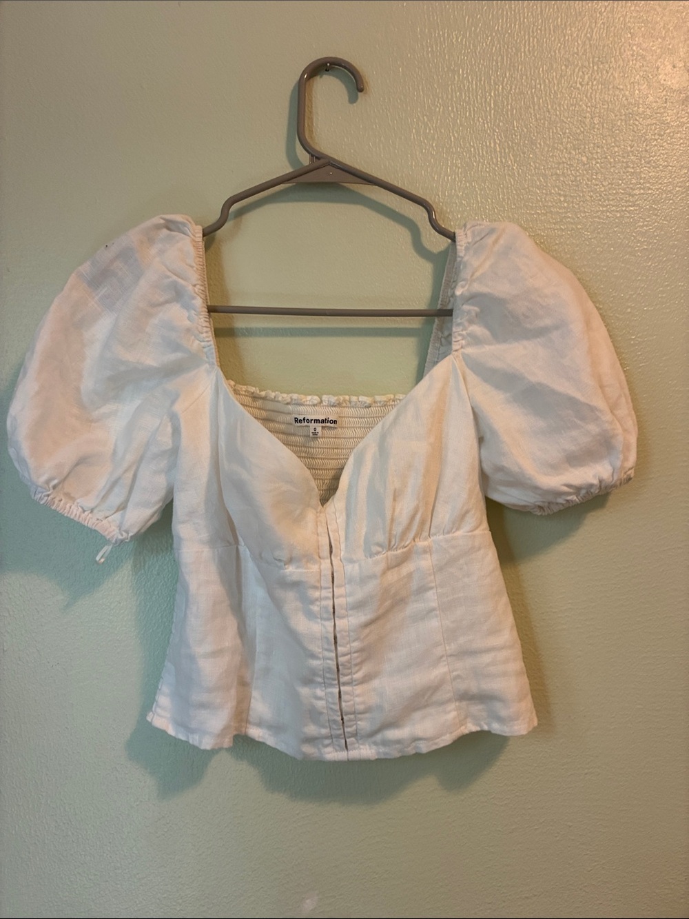 Reformation Rome White Puff-Sleeve Sweetheart Linen Top